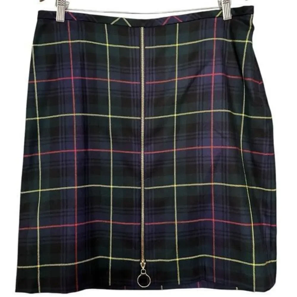 J. McLaughlin Womens Size 14 Green Tartan Plaid Wool Zip Up Front Straight Skirt